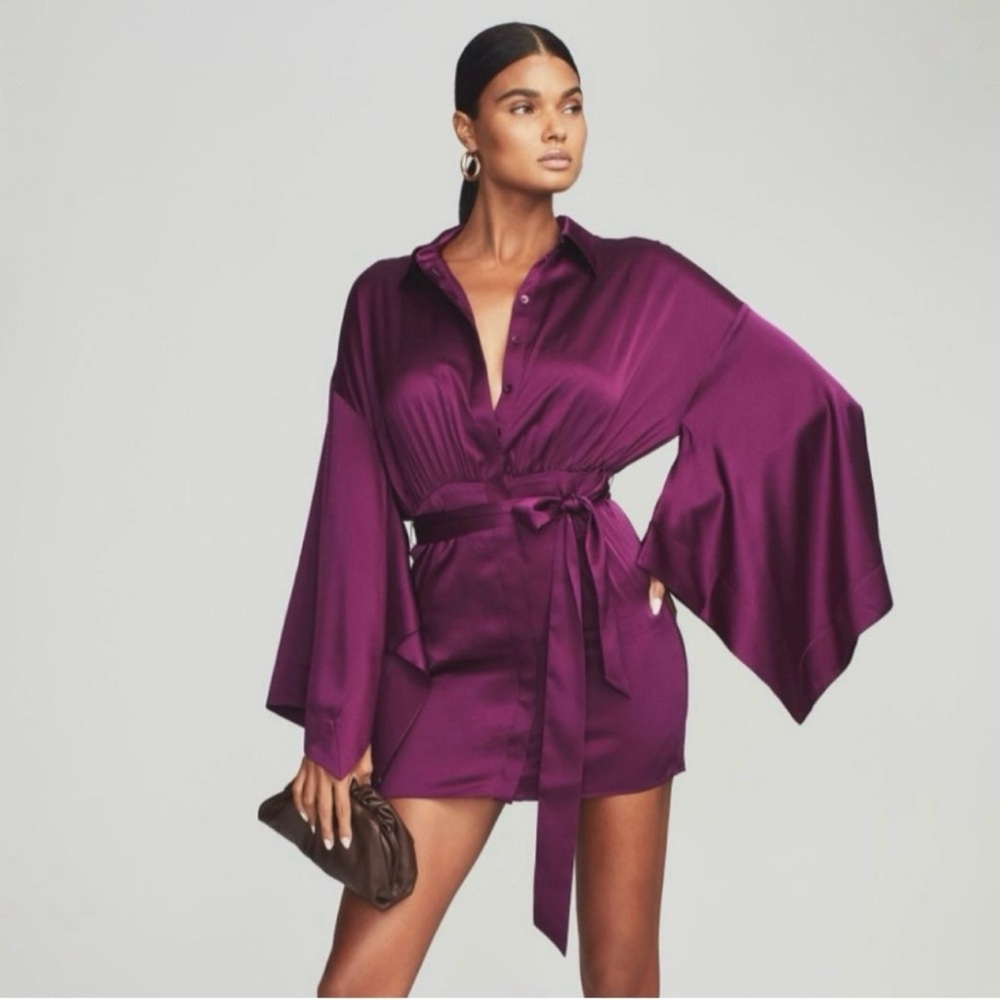 Retroféte Scottie Deep Purple Silk Satin Statement Sleeve Mini Dress S NWT
